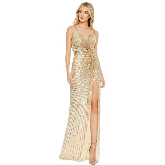 MAC DUGGAL Dress Size 16 Evening Gown Sequin Gold Faux Wrap Bow Back NEW - Picture 1 of 6
